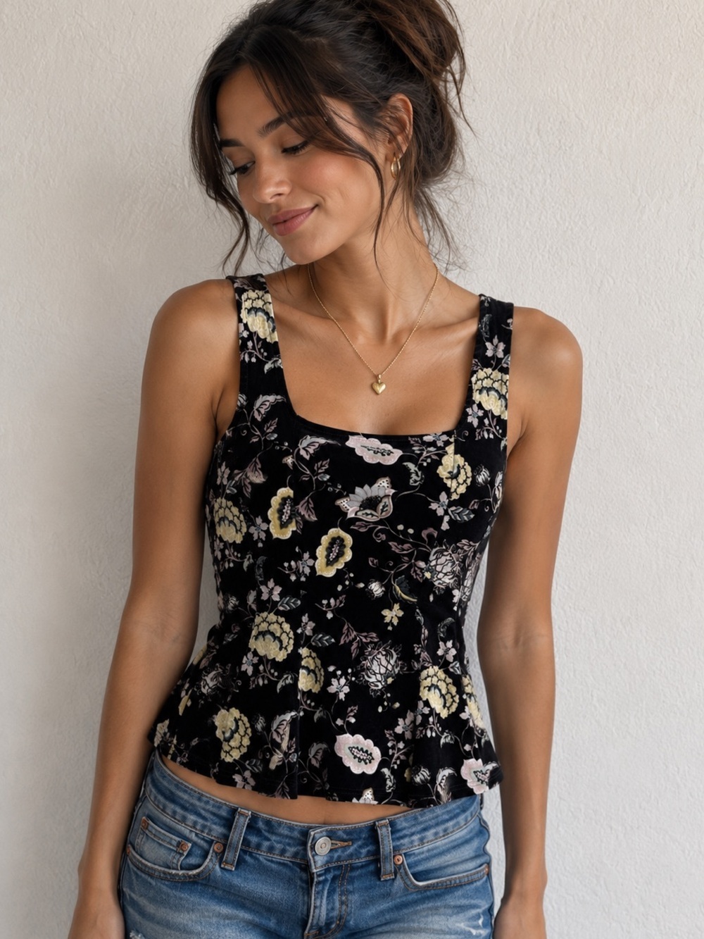 Vintage Black Poetry Floral Velvet Y2K 90s Sleeveless Peplum Bottom Shirt Blouse